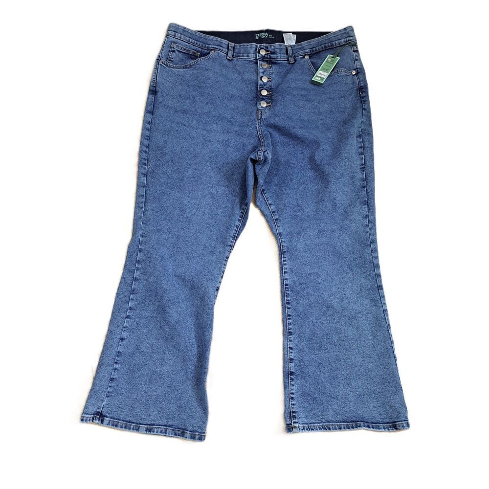 Terra & Sky Women's Button Fly Flare Leg Blue Denim Jeans Plus Size 26W